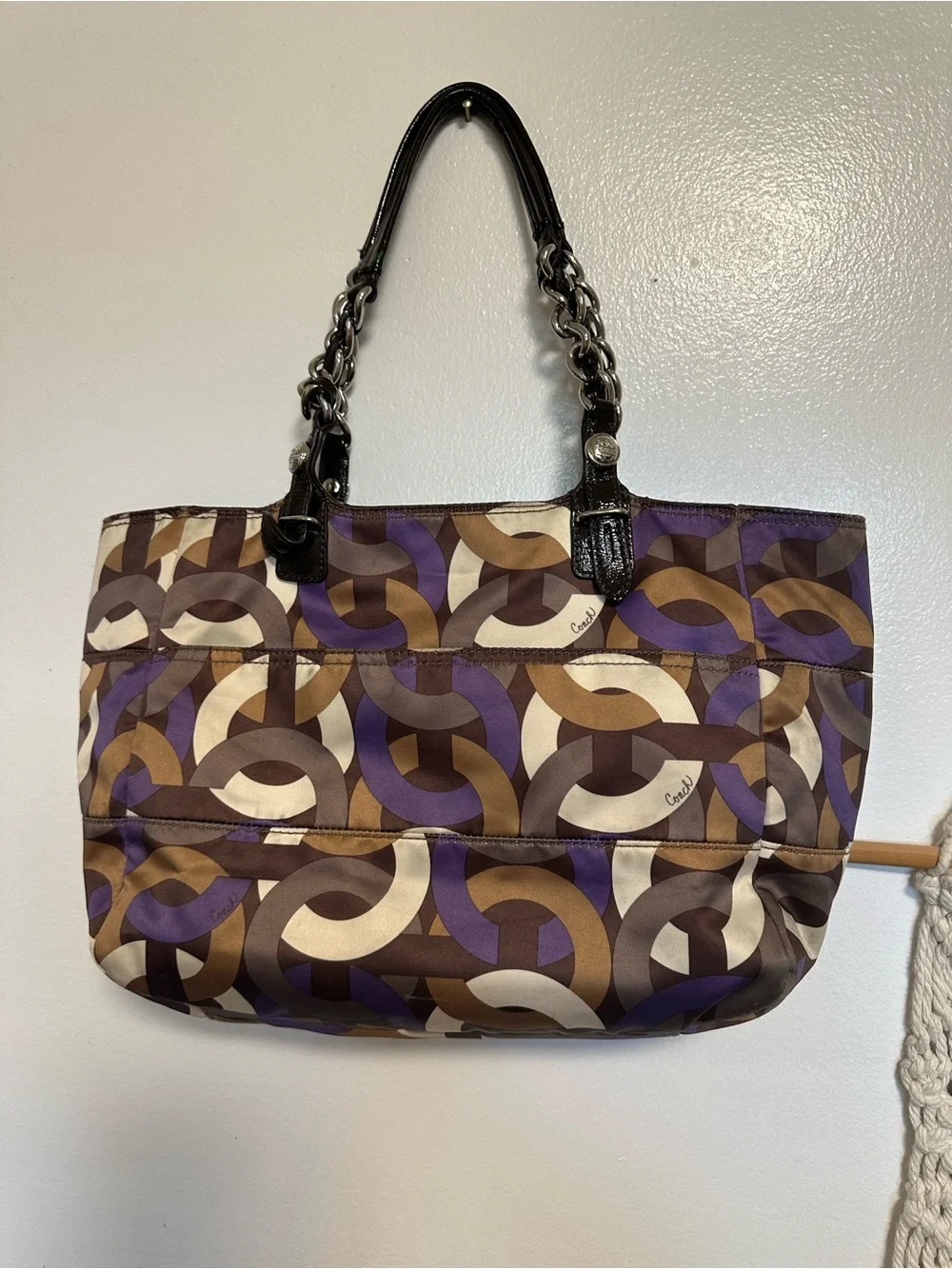 Coach Brown, Purple & Cream Signature Link-Print Chain Tote